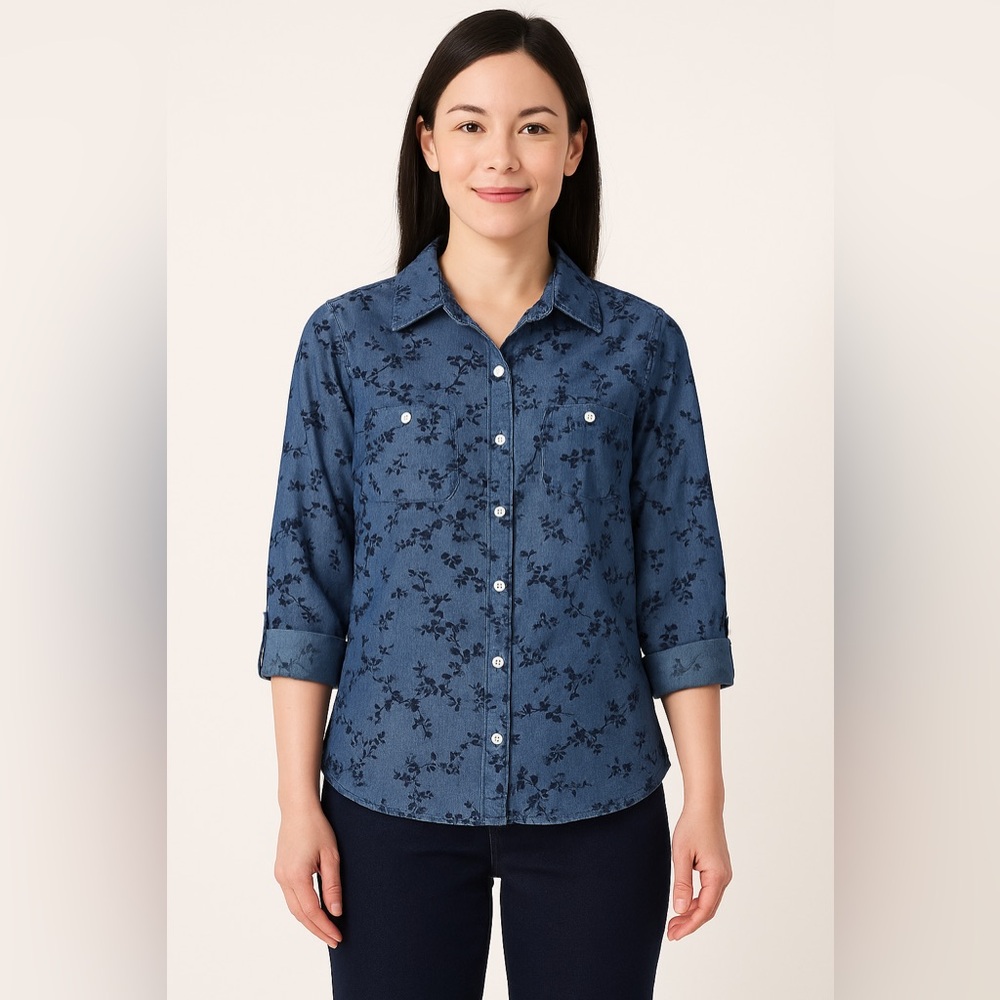 Croft & Barrow Blue Casual Button Down Shirt velvet Floral collegiate academia
